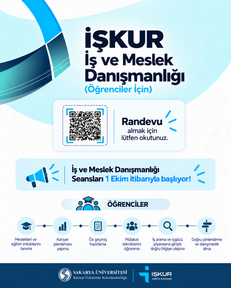 Sakarya Üniversitesi öğrencilerine yönelik İŞKUR İş ve Meslek Danışmanlığı seansları 1 Ekim itibarıyla başlıyor!